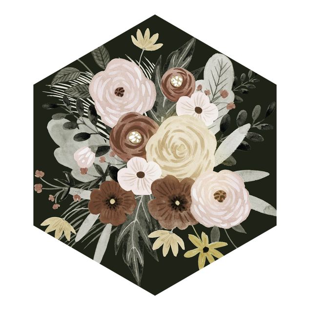 Hexagon Mustertapete selbstklebend - Pastell Blumenbouquet vor Grün II