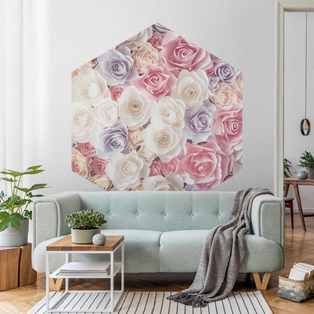 Hexagon Mustertapete selbstklebend - Pastell Paper Art Rosen