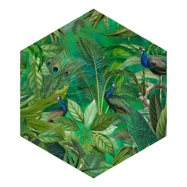 Hexagon Mustertapete selbstklebend - Pfauen im Dschungel