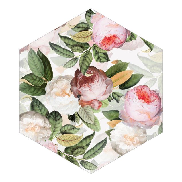 Hexagon Mustertapete selbstklebend - Pfingstrosen mit Blättern