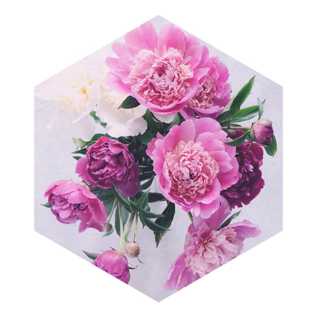 Hexagon Mustertapete selbstklebend - Pfingstrosen Shabby Rosa Weiß