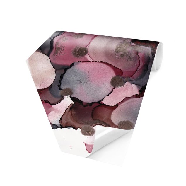 Hexagon Mustertapete selbstklebend - Pink-Beige Tropfen mit Roségold