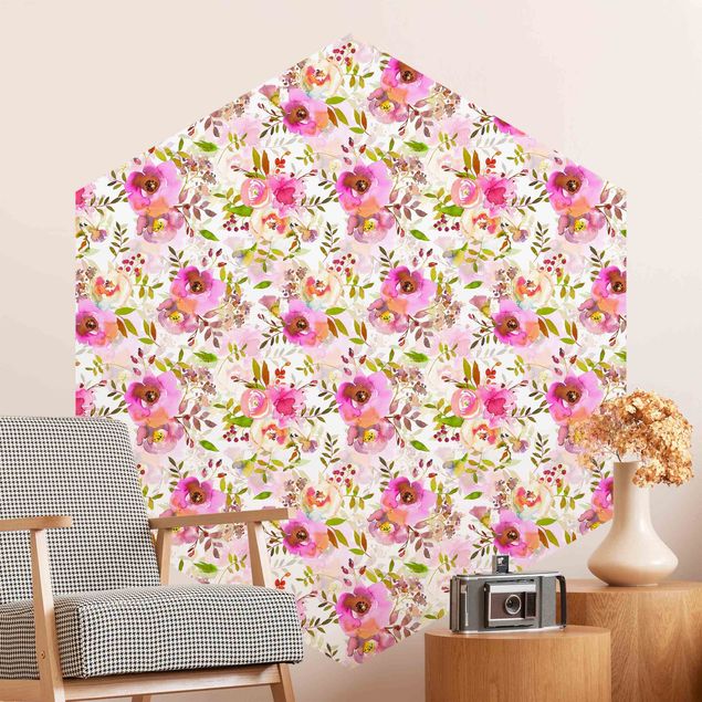 Hexagon Mustertapete selbstklebend - Pinke Aquarell Blumen