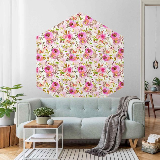 Hexagon Mustertapete selbstklebend - Pinke Aquarell Blumen