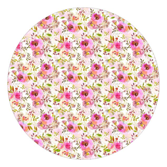Runde Tapete selbstklebend - Pinke Aquarell Blumen