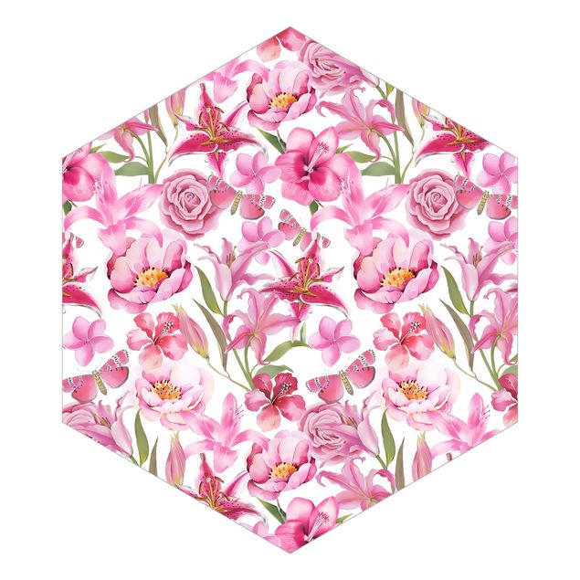 Hexagon Mustertapete selbstklebend - Pinke Blumen mit Schmetterlingen