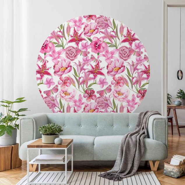 Runde Tapete selbstklebend - Pinke Blumen mit Schmetterlingen