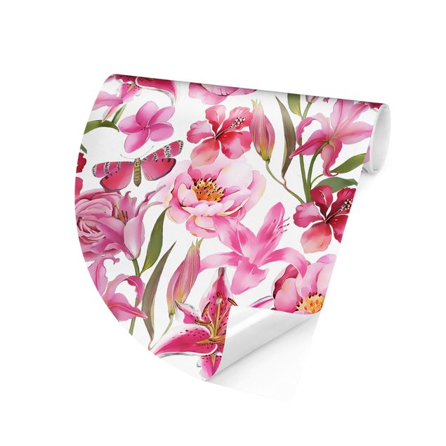Runde Tapete selbstklebend - Pinke Blumen mit Schmetterlingen