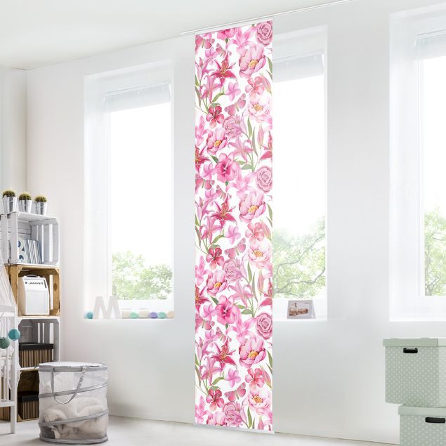 Schiebegardinen Set - Pinke Blumen mit Schmetterlingen - Flächenvorhang