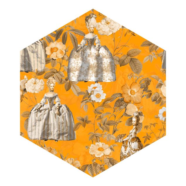 Hexagon Mustertapete selbstklebend - Pompöse Kleider im Garten auf Orange