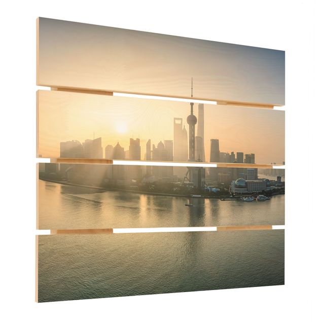 Holzbild - Pudong bei Sonnenaufgang - Quadrat
