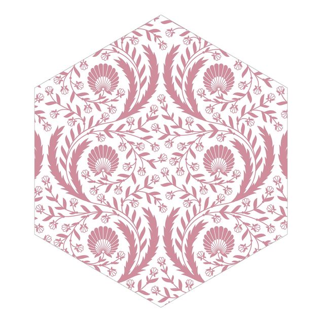 Hexagon Mustertapete selbstklebend - Ranken mit Fächerblumen in Altrosa