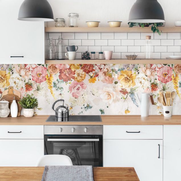 Küchenrückwand - Rankende Blumen Aquarell Vintage