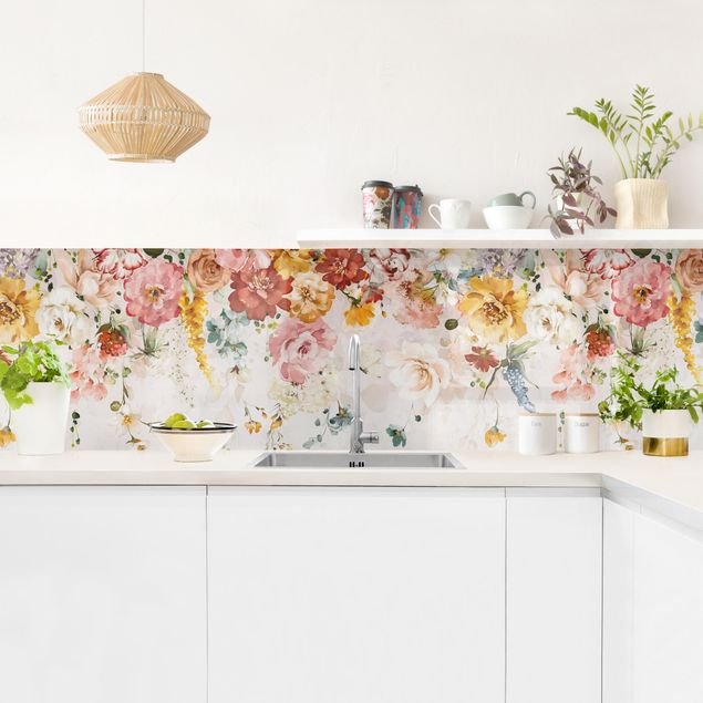 Küchenrückwand - Rankende Blumen Aquarell Vintage