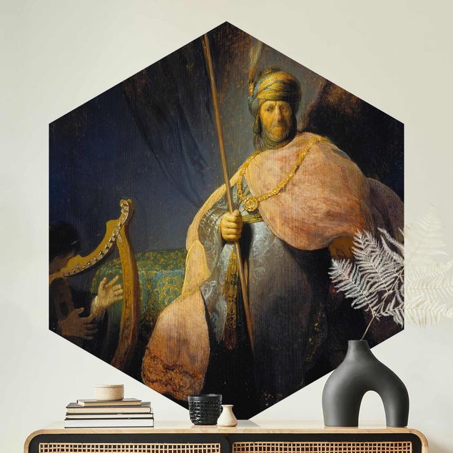 Hexagon Mustertapete selbstklebend - Rembrandt van Rijn - David spielt Harfe
