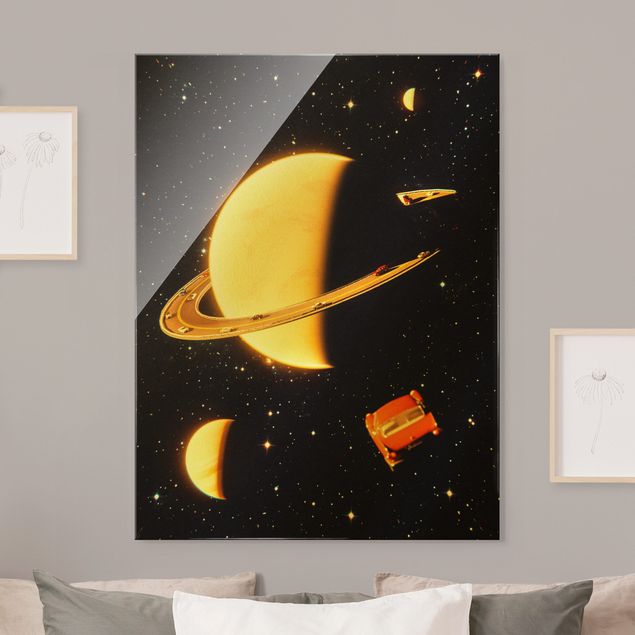 Glasbild - Retro Collage - Die Ringe des Saturn - Hochformat