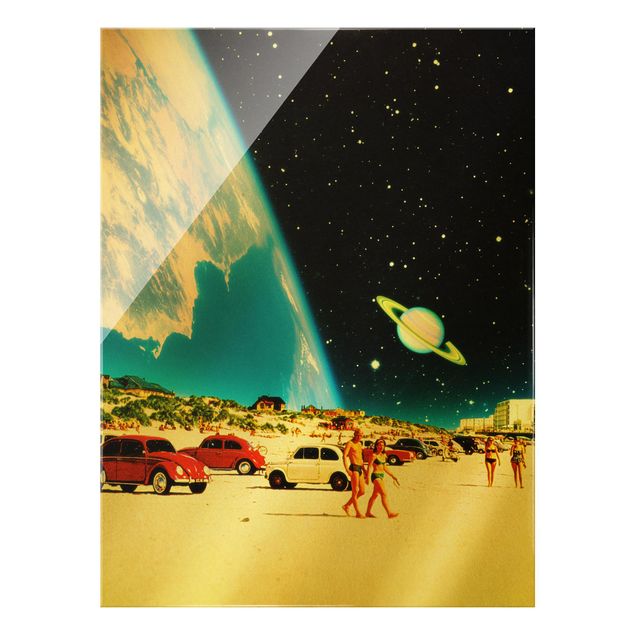 Glasbild - Retro Collage - Galaktischer Strand - Hochformat