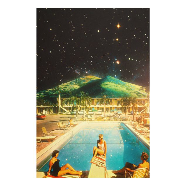 Glasbild - Retro Collage - Weltraum Pool - Hochformat