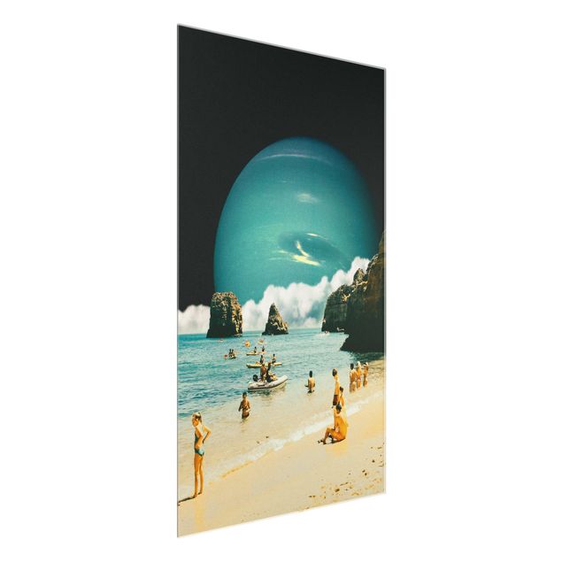 Glasbild - Retro Collage - Weltraum Strand - Hochformat
