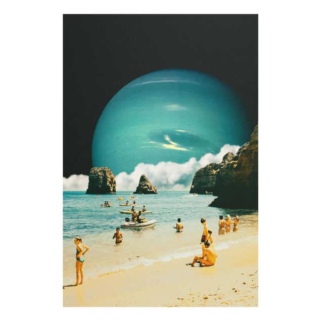 Glasbild - Retro Collage - Weltraum Strand - Hochformat