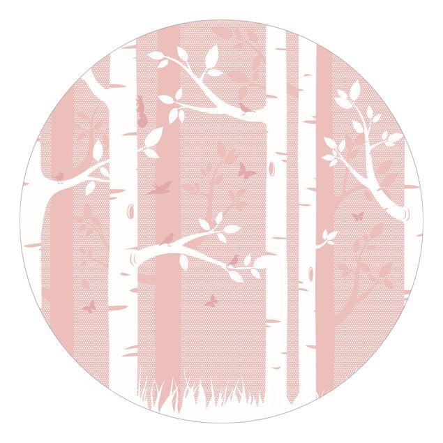 Runde Tapete selbstklebend - Rosa Birkenwald mit Schmetterlingen und Vögel