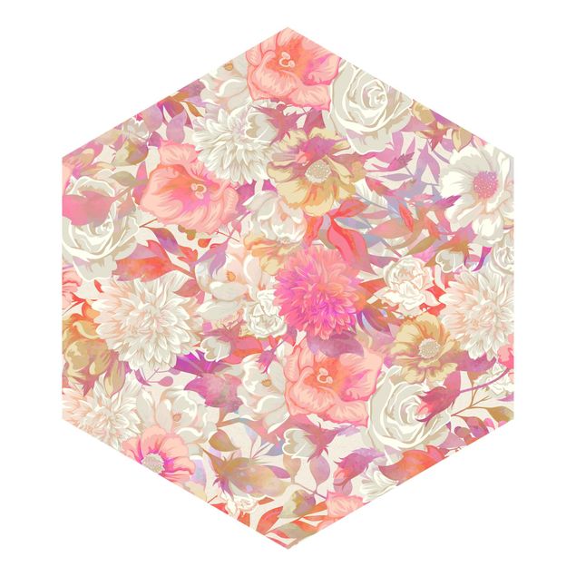 Hexagon Mustertapete selbstklebend - Rosa Blütentraum mit Rosen