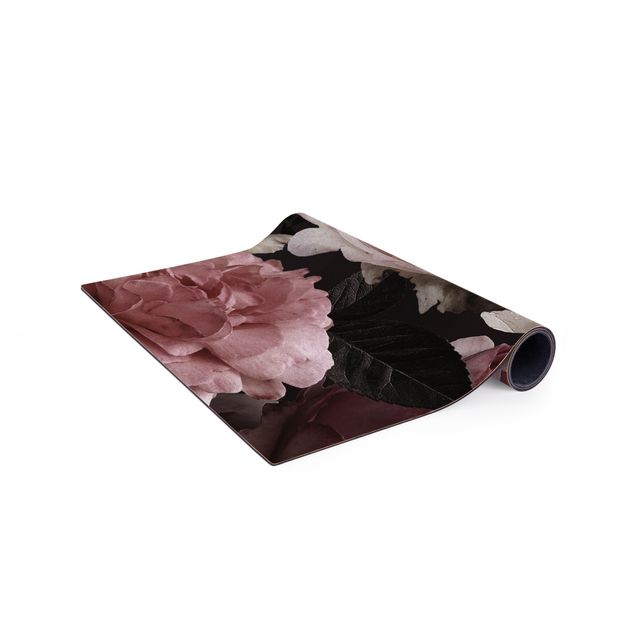 kleiner Teppich Rosa Blumen auf Schwarz Vintage