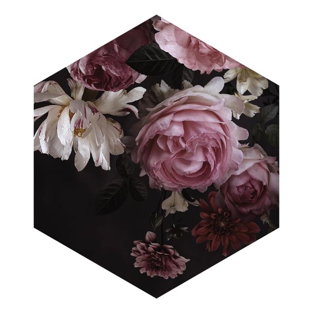 Hexagon Mustertapete selbstklebend - Rosa Blumen auf Schwarz Vintage