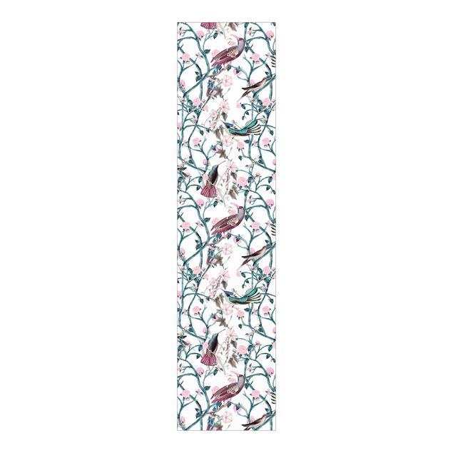 Schiebegardinen Set - Rosa Blumenranken mit Vögeln in Blau - Flächenvorhang