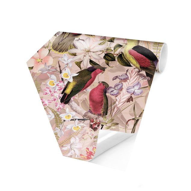 Hexagon Mustertapete selbstklebend - Rosa Pastell Vögel mit Blumen