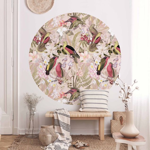 Runde Tapete selbstklebend - Rosa Pastell Vögel mit Blumen