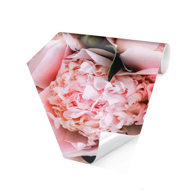 Hexagon Mustertapete selbstklebend - Rosa Pfingstrosen mit Blättern