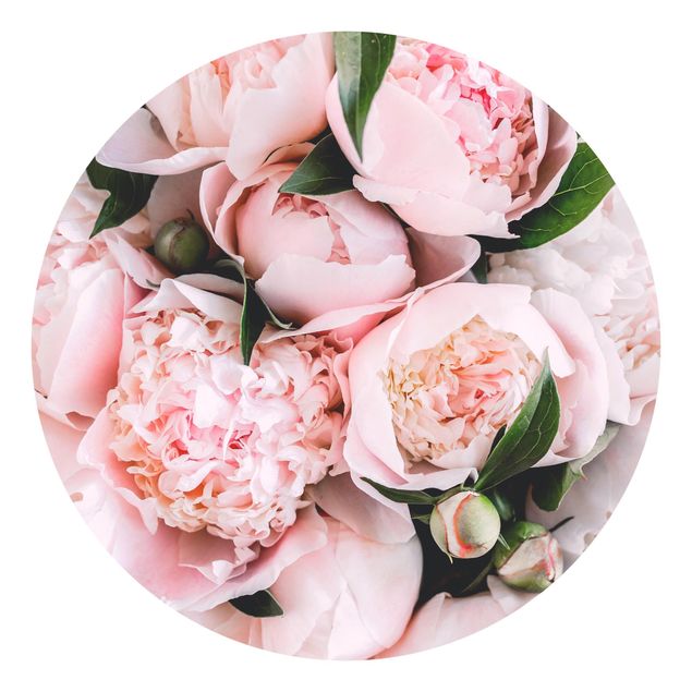Runde Tapete selbstklebend - Rosa Pfingstrosen mit Blättern