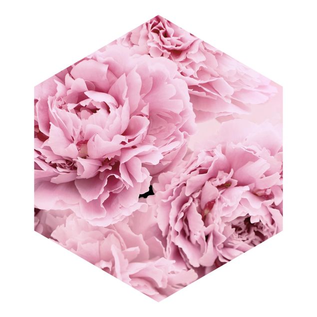 Hexagon Mustertapete selbstklebend - Rosa Pfingstrosen
