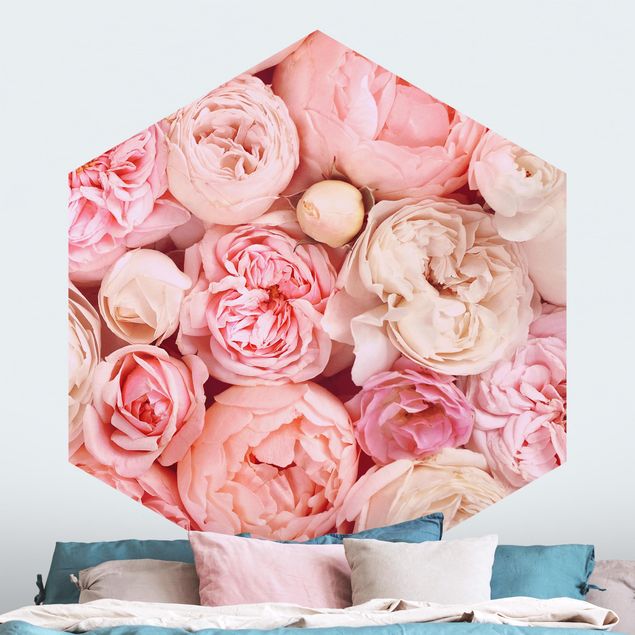 Hexagon Mustertapete selbstklebend - Rosen Rosé Koralle Shabby
