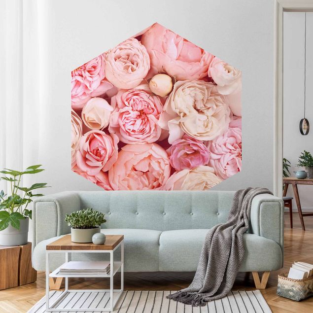 Hexagon Mustertapete selbstklebend - Rosen Rosé Koralle Shabby