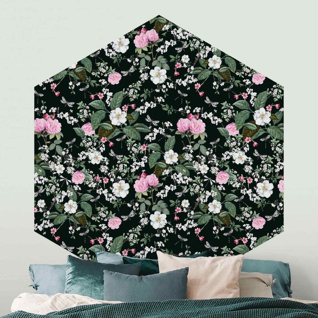 Hexagon Mustertapete selbstklebend - Rosen und Schmetterlinge auf Dunkelgrün