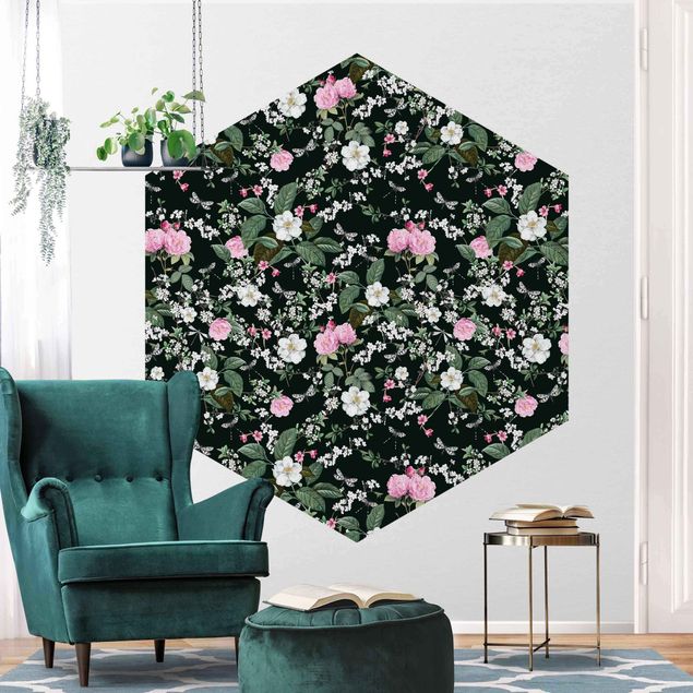 Hexagon Mustertapete selbstklebend - Rosen und Schmetterlinge auf Dunkelgrün