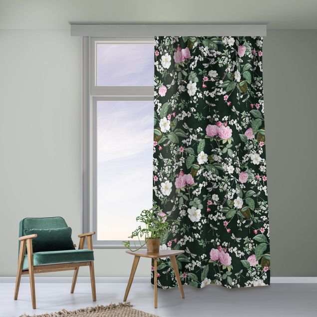 Moderne Vorhänge Rosen und Schmetterlinge auf Dunkelgrün