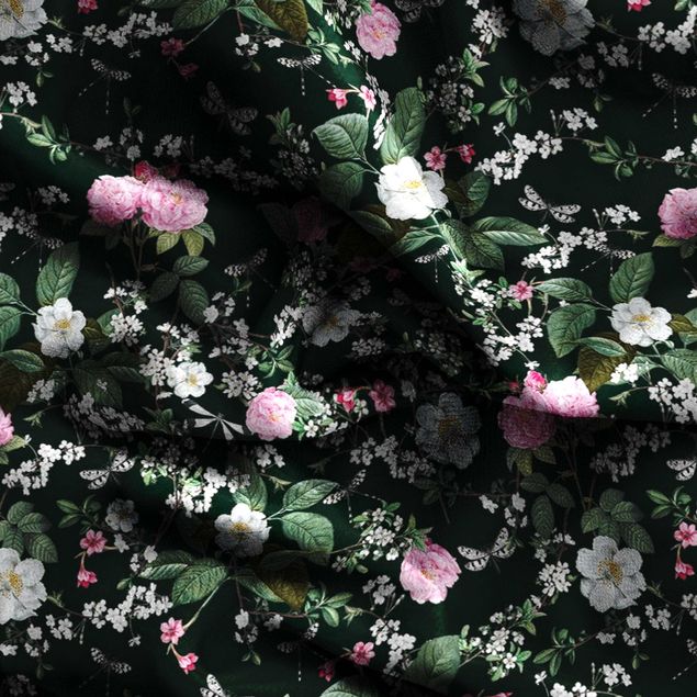 Vorhang Muster Rosen und Schmetterlinge auf Dunkelgrün