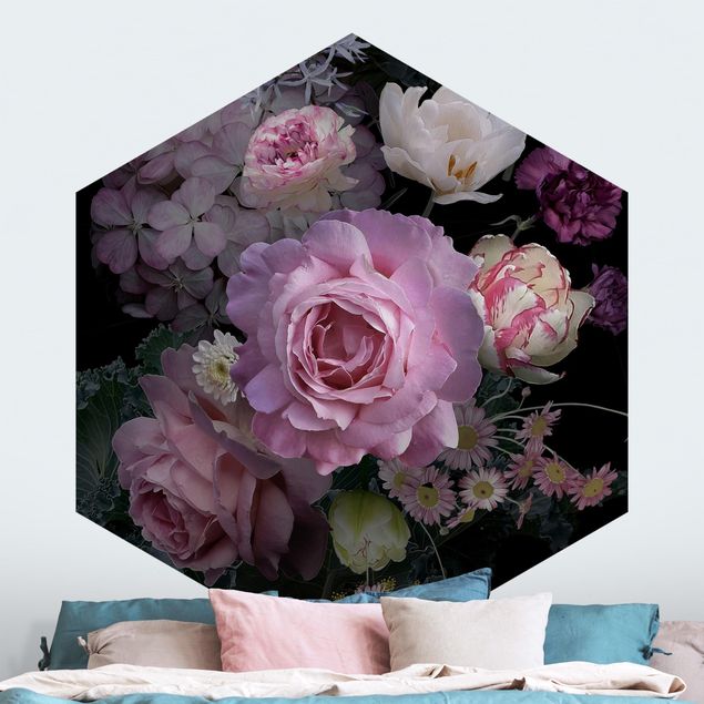 Hexagon Mustertapete selbstklebend - Rosentraum Bouquet