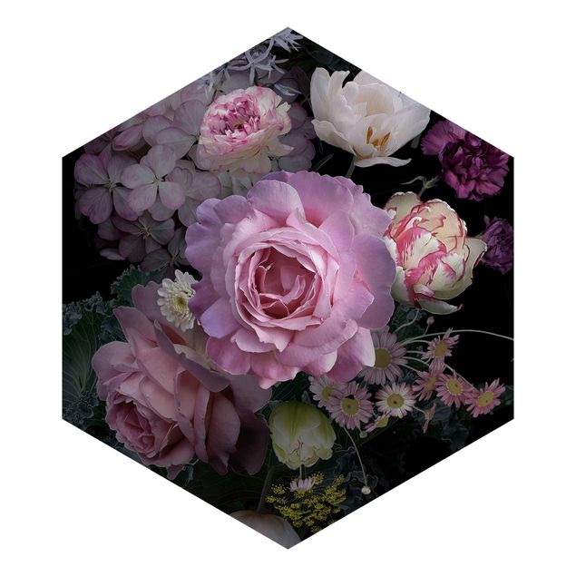Hexagon Mustertapete selbstklebend - Rosentraum Bouquet