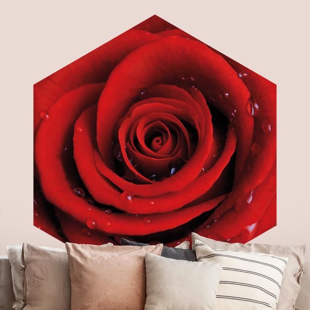 Hexagon Mustertapete selbstklebend - Rote Rose mit Wassertropfen