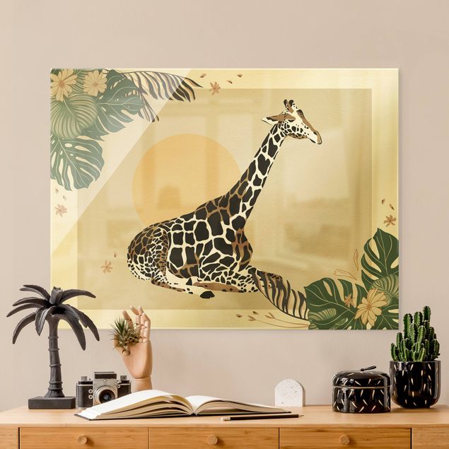 Glasbild - Safari Tiere - Giraffe im Sonnenuntergang - Querformat 4:3