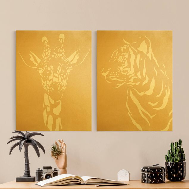 Leinwandbild 2-teilig - Safari Tiere - Giraffe und Tiger Beige
