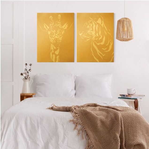 Leinwandbild 2-teilig - Safari Tiere - Giraffe und Tiger Beige