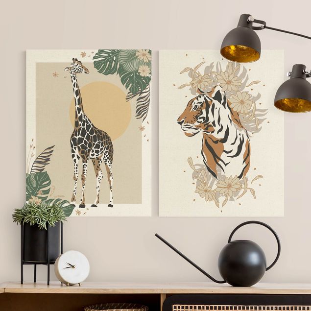 2-teiliges Leinwandbild - Safari Tiere - Giraffe und Tiger
