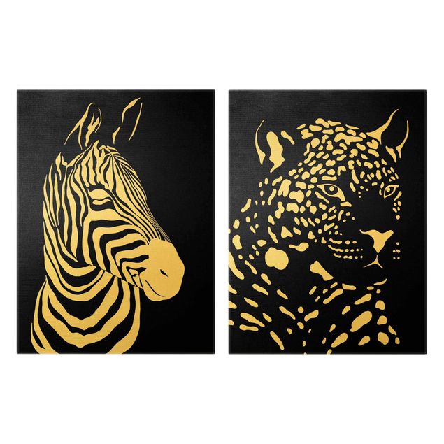 Leinwandbild 2-teilig - Safari Tiere - Zebra und Leopard Schwarz