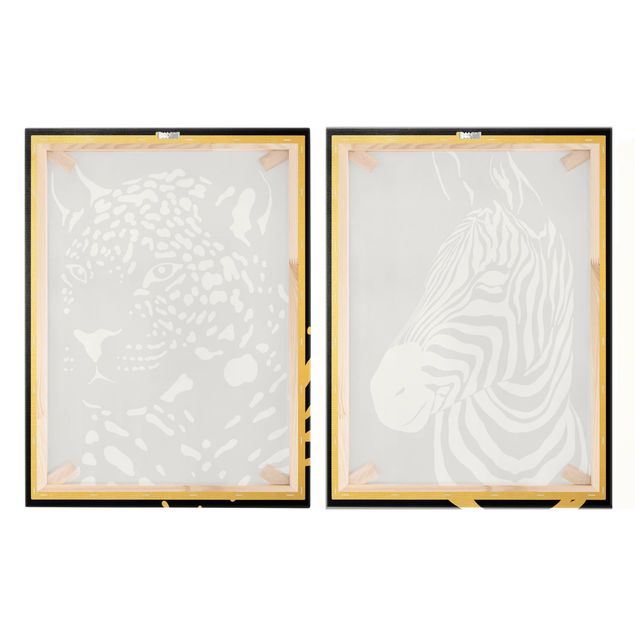 Leinwandbild 2-teilig - Safari Tiere - Zebra und Leopard Schwarz