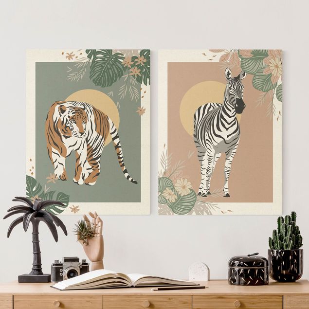 2-teiliges Leinwandbild - Safari Tiere - Zebra und Tiger vor Sonne